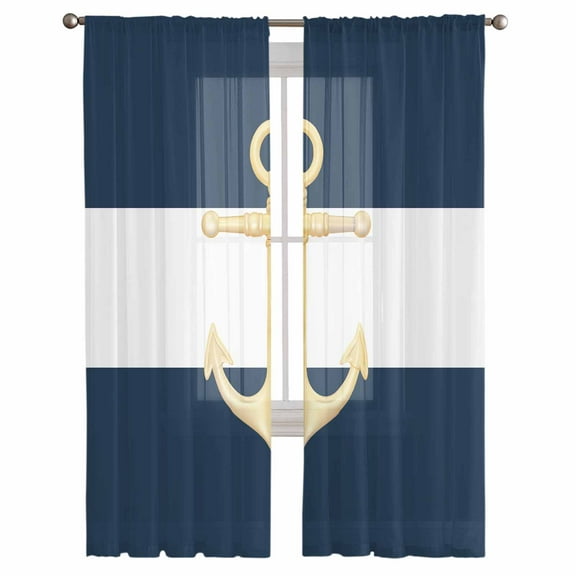 Navy Blue Nautical Semi Sheer Curtains 108 Inch Length 2 Panels Set, Gold Boat Anchor Geometric Stripe Sheer Kitchen Curtain Privacy Voile Window Curtain for Living Room Bedroom Rod Pocket Drapes