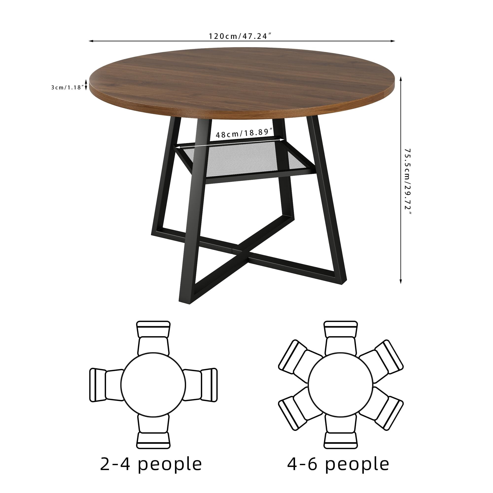 JEJEGORICH 47 in Round Dining Table for 4–6, Space Saving Kitchen Table with Storage, Mid Century Modern Metal Legs, Walnut