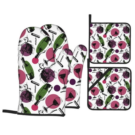 

Oven Mitts and Pot Holders 4 pcs Set Wine Bottle Print No.9018 Heat Resistant Pot Holders Oven Mitts for kitchen Non-Slip Hanging Loop Oven Glove Potholders for Baking Cooking