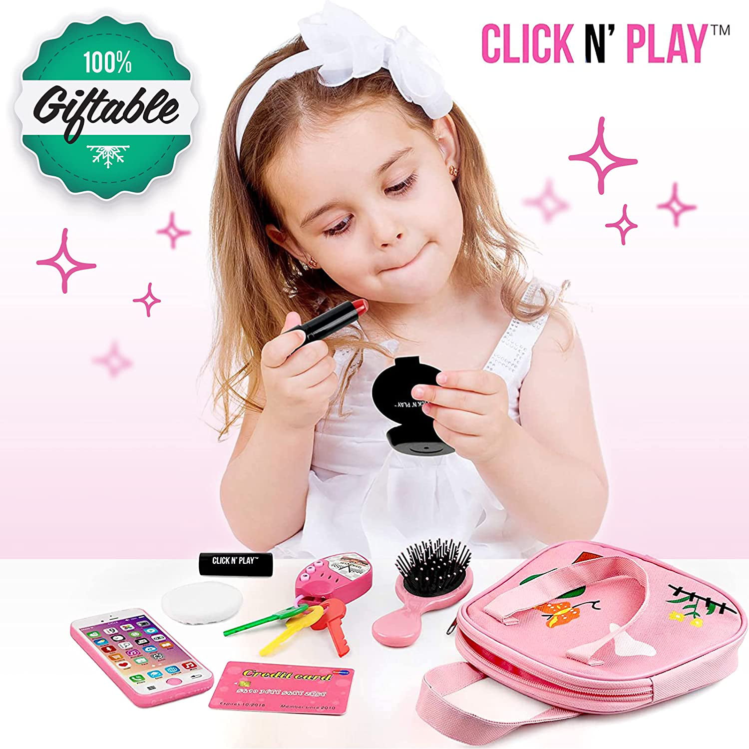 Click N' Play Little Girls Purse, Pretend Play Purse 20 Piece Set, Toys for Girls 3+, Toy Purse with Makeup, Smartphone, Wallet, Keys, Sunglasses
