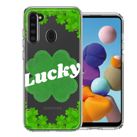 MUNDAZE for Samsung Galaxy A21 Lucky St Patrick's Day Shamrock Green Clovers Double Layer Phone Case Cover