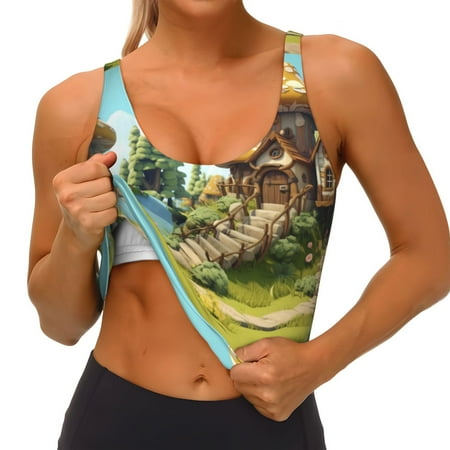 Qokaie Cartoon Mushroom House Pattern Womens Scoop Neck Sports Bra Breathable Workout Vest Padded U Back Medium Impact Fitness Gym Yoga Bra Workout Crop Top