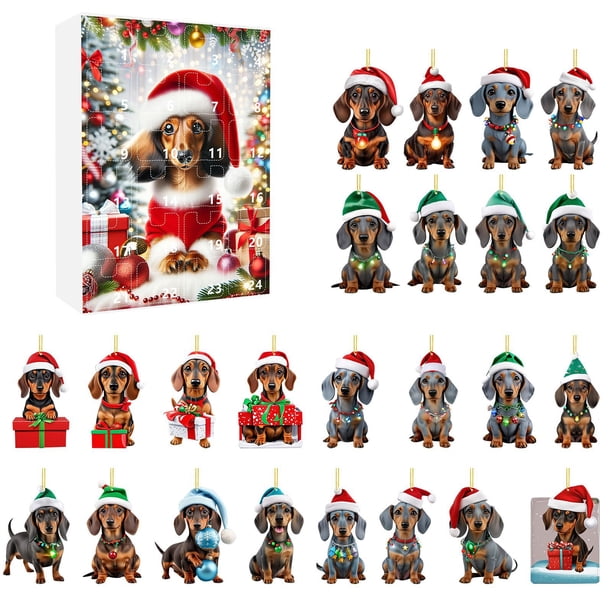 Calendario de Adviento de vacaciones de festivales 2024, calendario de cuenta regresiva de Navidad de 24 días, colgante de perro salchicha con gorro de Papá Noel, adornos de pollo para árbol de Navid