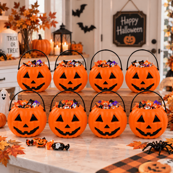 8-Pcs Small Pumpkin Containers,Portable Hand‑held Treat Boxes for Kids Trick‑or‑Treat and Halloween Party Decoration