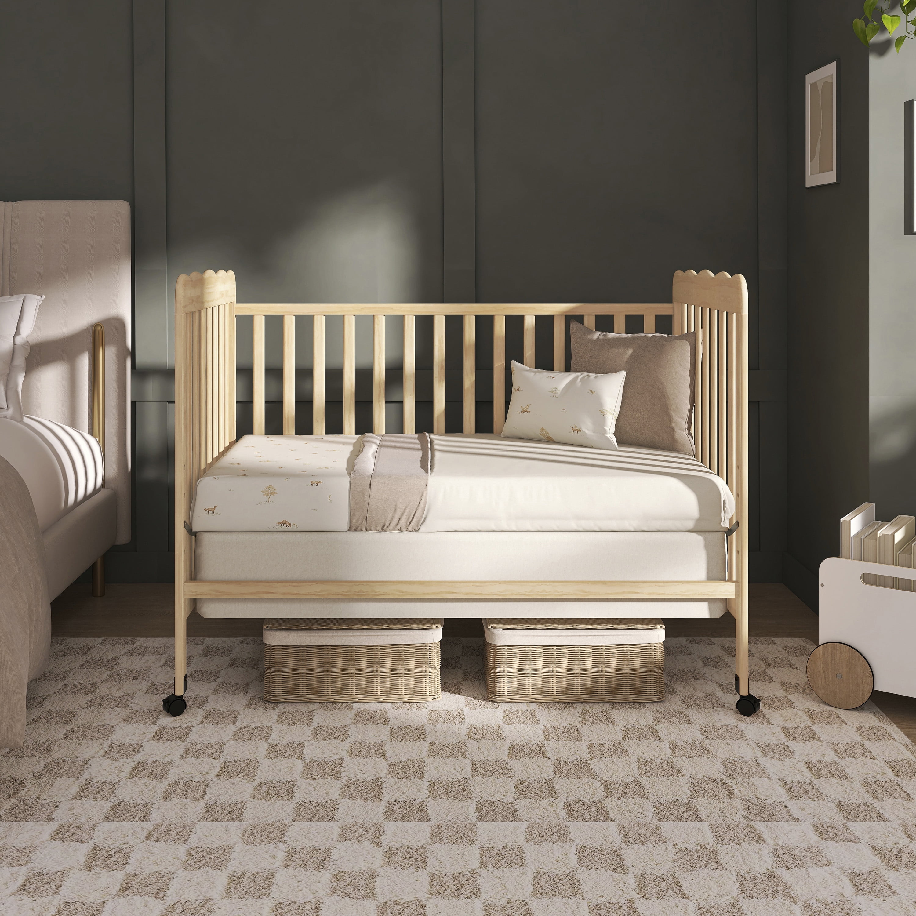 Dream On Me Carson Classic 3-in-1 Portable Crib in Natural, Removable Wheels, Converts from Baby Crib to Toddler Bed, Day Bed and Kids Sofa, Three Adjustable Mattress Height Positions