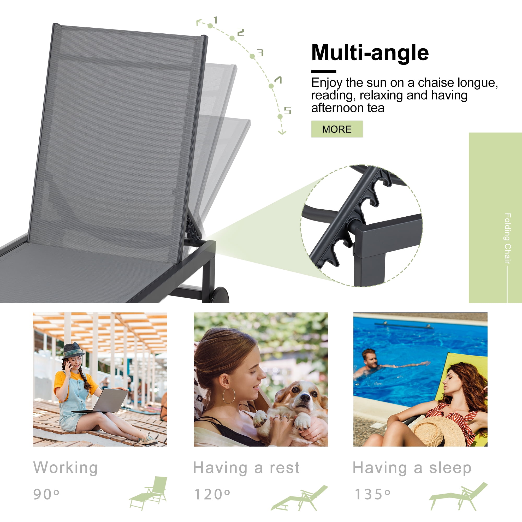 Walsunny 2pcs Patio Outdoor Chaise Lounge Chair with Wheels for Outside Aluminum Adjustable Angle Lounge Chair Set（Light Gray）