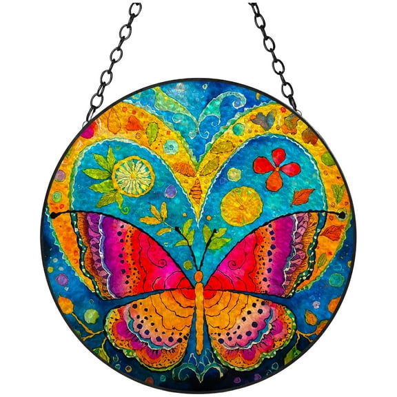 Colorful Cartoon Butterfly Stained Glass Suncatcher Handmade Window Hanging Colored Glass Suncatcher Crafts Kits for Indoor Garden Decor Memorial Gift 16x16cm