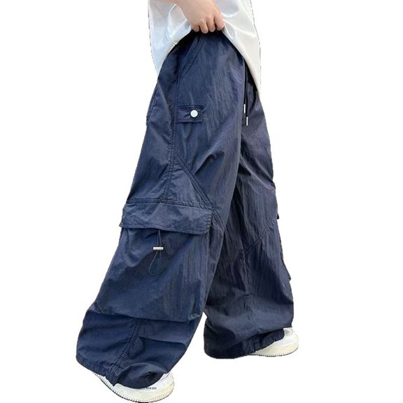 LIIPEE Boys Cargo Pants Kids Casual Solid Color Drawstring Waist Baggy Wide Leg Trousers With Pockets Comfortable Breathable Fashion Versatile Bottoms,13-14 Years