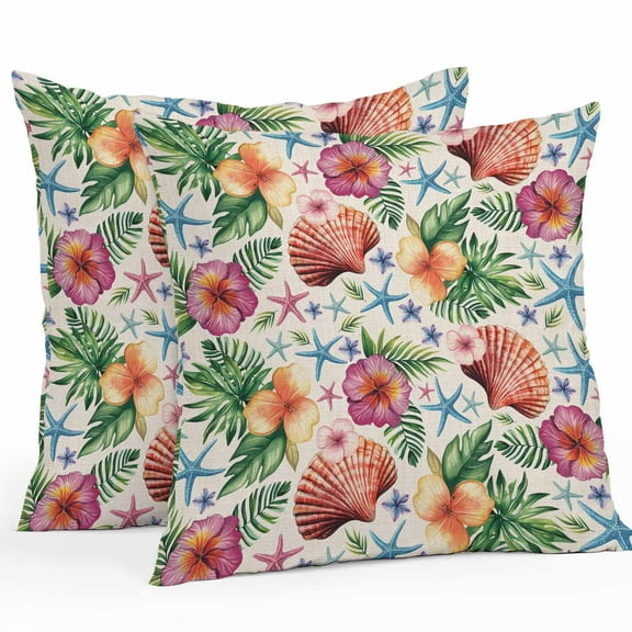 Outdoor Waterproof Pillow Covers Pack of 2, Summer Tropical Flowers Shells Starfish Linen Background Decorative Throw Pillowcases Cushion Covers for Garden Patio Tent Sofa Couch, 16x16 inch