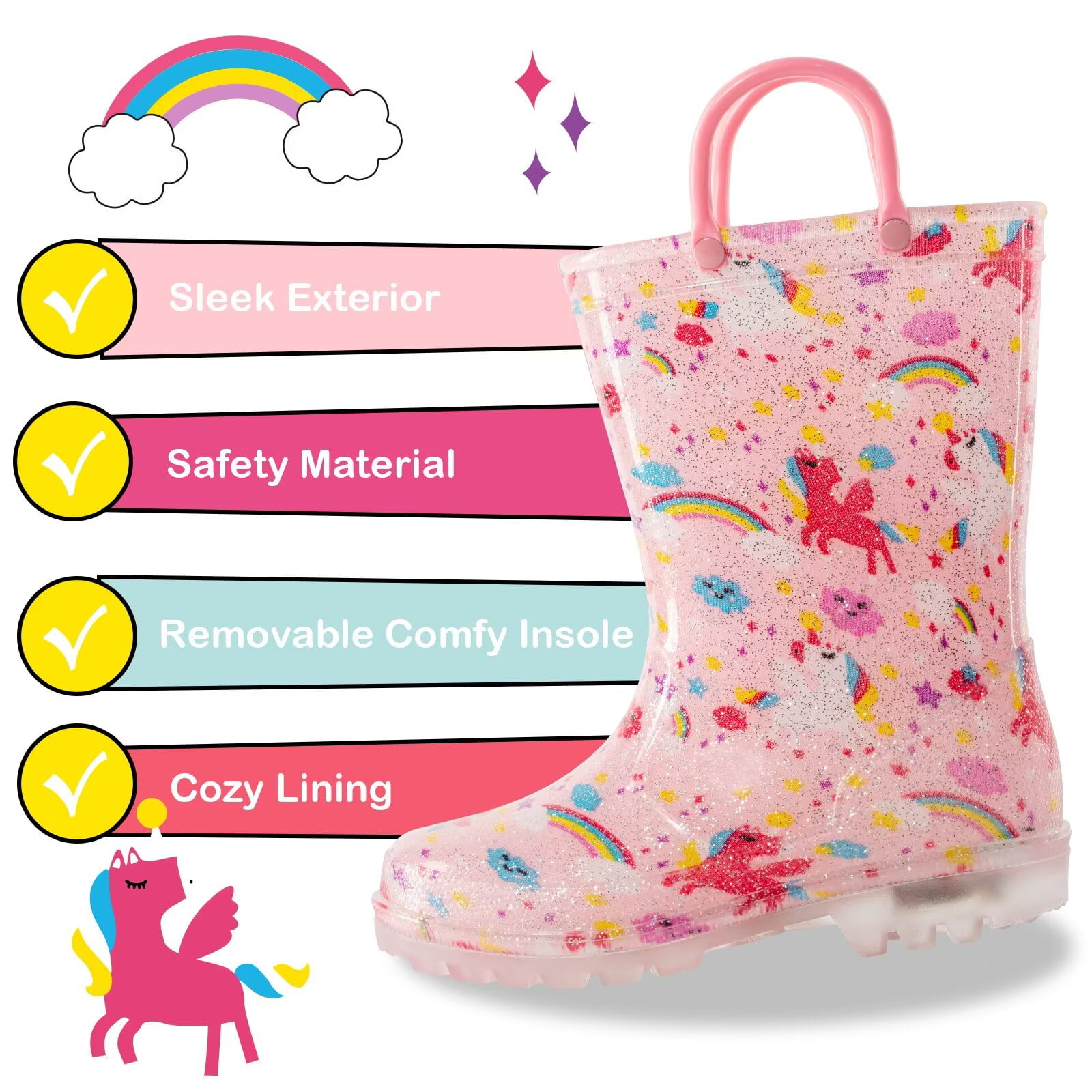 Toddler Kids Waterproof Light Up Rain Boots Patterns and Glitter Boots with Handles for Girls, Pink Unicorn, Size 10