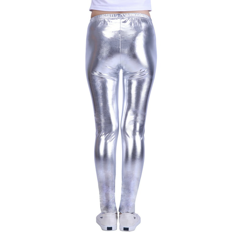 HDE Girls Shiny Wet Look Leggings Kids Liquid Metallic Footless Tights  (Silver, 10/12) 