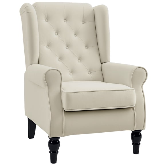 Button-Tufted Accent Chair with High Wingback, Rounded Cushioned Armrests and Thick Padded Seat, Cream White