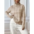 thumbnail image 6 of Women Fall High Neck Plaid Sweater Long Sleeve Loose Casual Chunky Checked Knit Winter Sweaters Jumper Tops Khaki S, 6 of 8