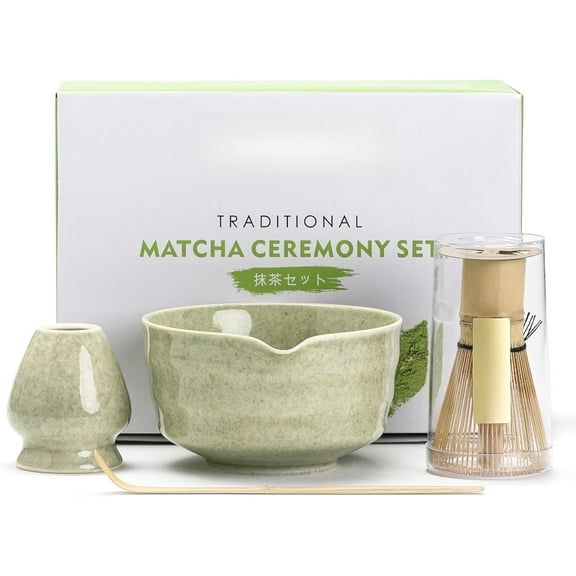 WZW Matcha Set, Tea Set Includes Matcha Bowl with Spout, Matcha Whisk Holder, Bamboo Matcha Whisk and Bamboo Scoop, 17 oz Mottled Tea Green Glaze Ceramic Matcha Kit for Tea Lovers