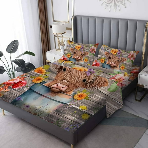 Wehilion Cute Highland Cow Fitted Sheet King Size Kids Cartoon Animal Bedding Set for Boys Girls Teens Flower Floral Print Bed Sheet Set Farm Zoo Garden Theme Bed Cover Deep Pocket Room Decor
