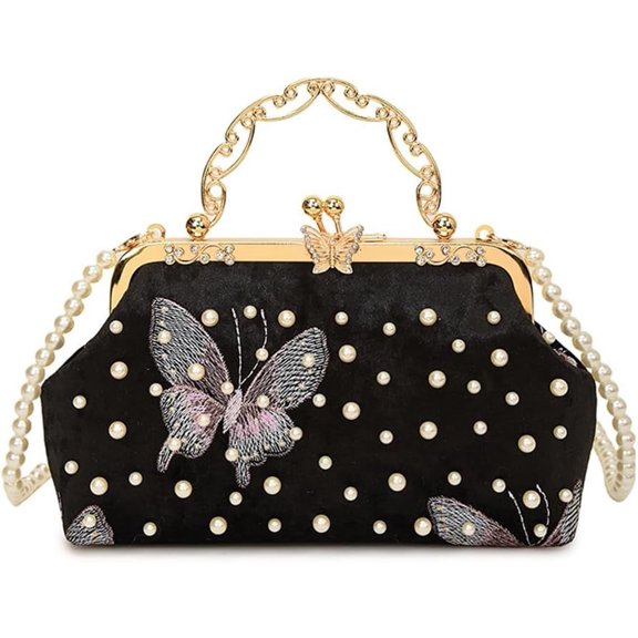 Women Butterfly Embroidery Clutch Purse Pearl Evening Handbag with Chain Top Handle Party Wedding Evening Clutch