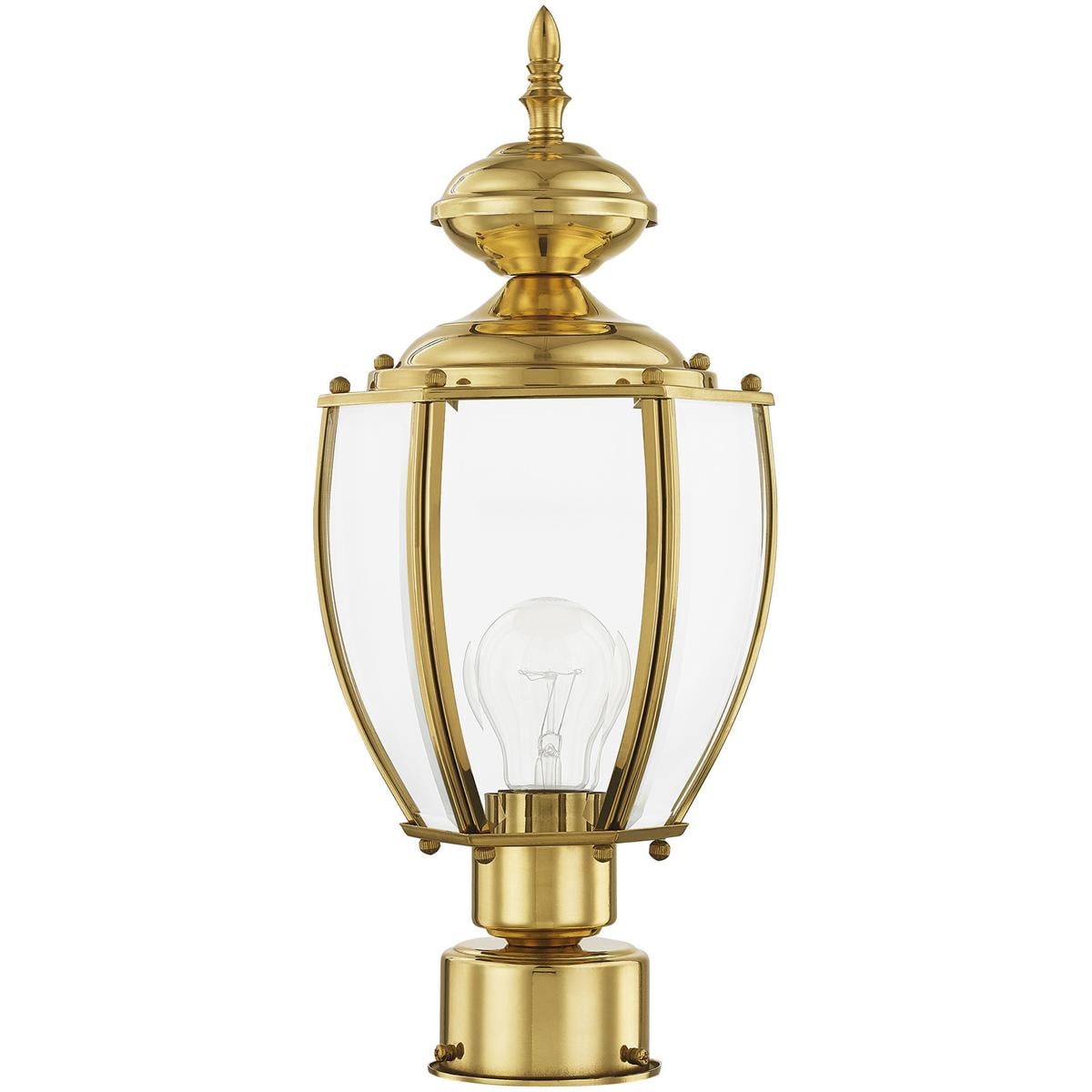 1 Light Polished Brass Outdoor Post Lantern Pendant Lighting Fixture with Clear Beveled Glass Shade backed with Solid Brass material for patio, front porch, entryway and more