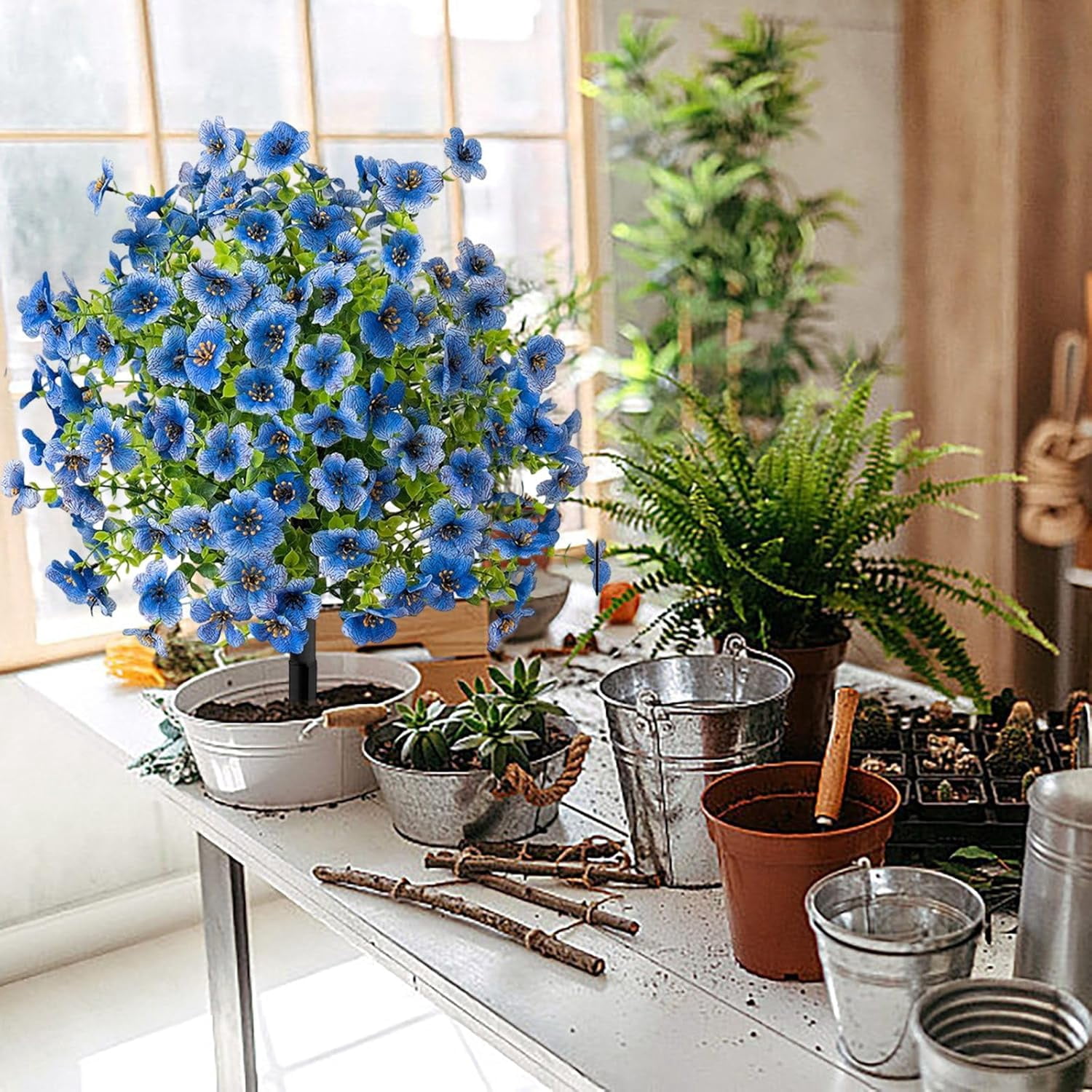 Artificial Flowers with Ground Spikes,Artificial Flowers for Outdoor Garden,UV Resistant & Waterproof,Flower Decor for Yard Lawn Patio Walkway Porch Home (Blue)