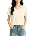 thumbnail image 2 of Vivianyo HD Women's V-Neck Short Sleeve Basic T Shirt, Casual Soft Loose Fit Daily Summer Tee Top, Women's Beige, Sizes S-2XL, 2 of 6