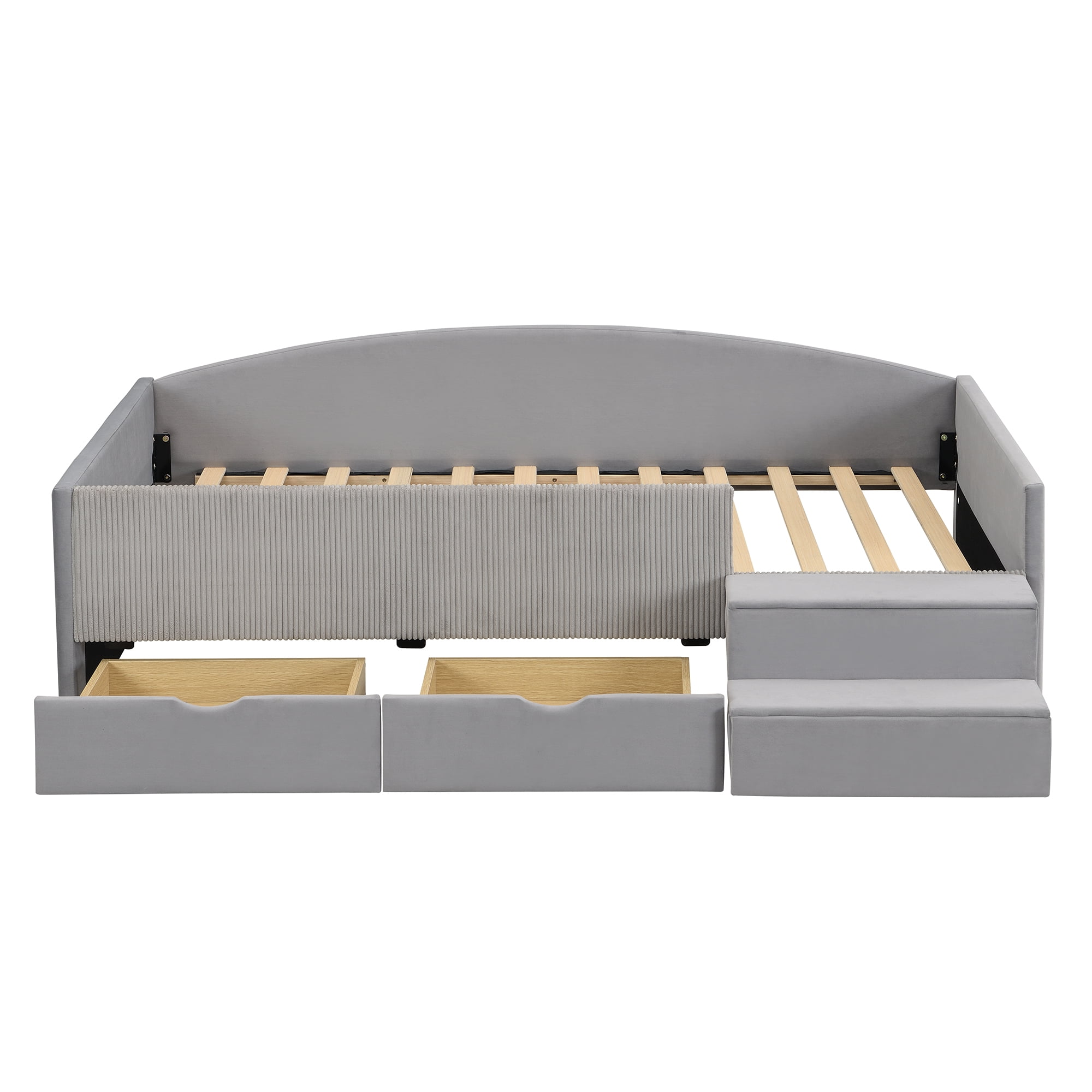 Mintazer Twin Size Upholstered Floor Daybed Frame with Safety Guardrail & 2 Storage Drawers & Stairs for Todder Kids, Gray