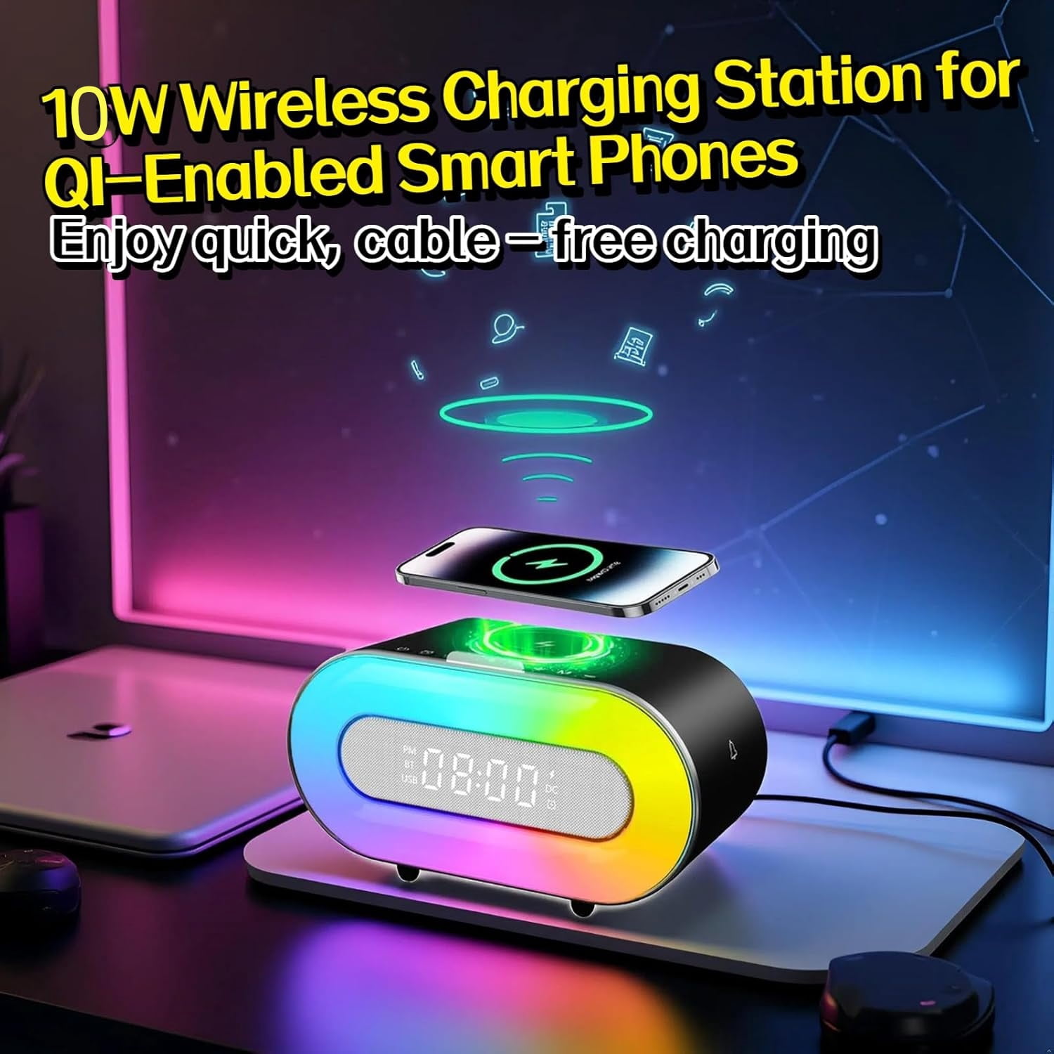 5 in 1 Portable Bluetooth Speaker with Dual Stereo Speakers, 9 Modes RGB LED Atmosphere Lights, 10W Wireless Charging Station with Phone Stand, Dimmable Clock, for Teen Boy Girl Trendy Stuff Gift