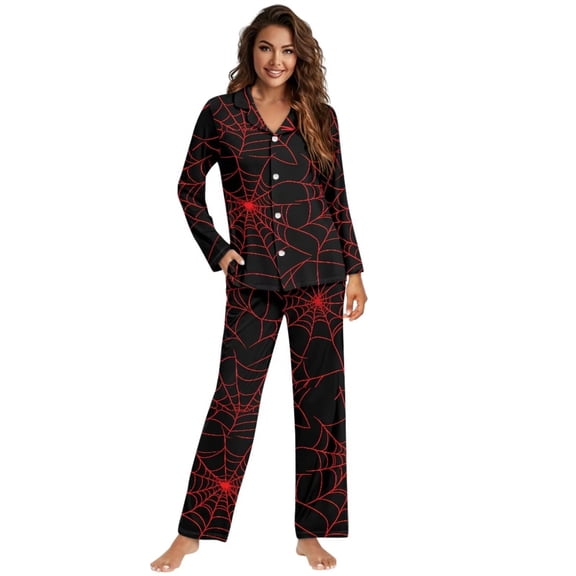 Yuyamidu Red Cobweb Women's Long Sleeve Sleepwear Button Down 2 Piece Pajama Set Halloween Athletic Clothing Casual Wear Jogger Vacation Tracksuit Size XS