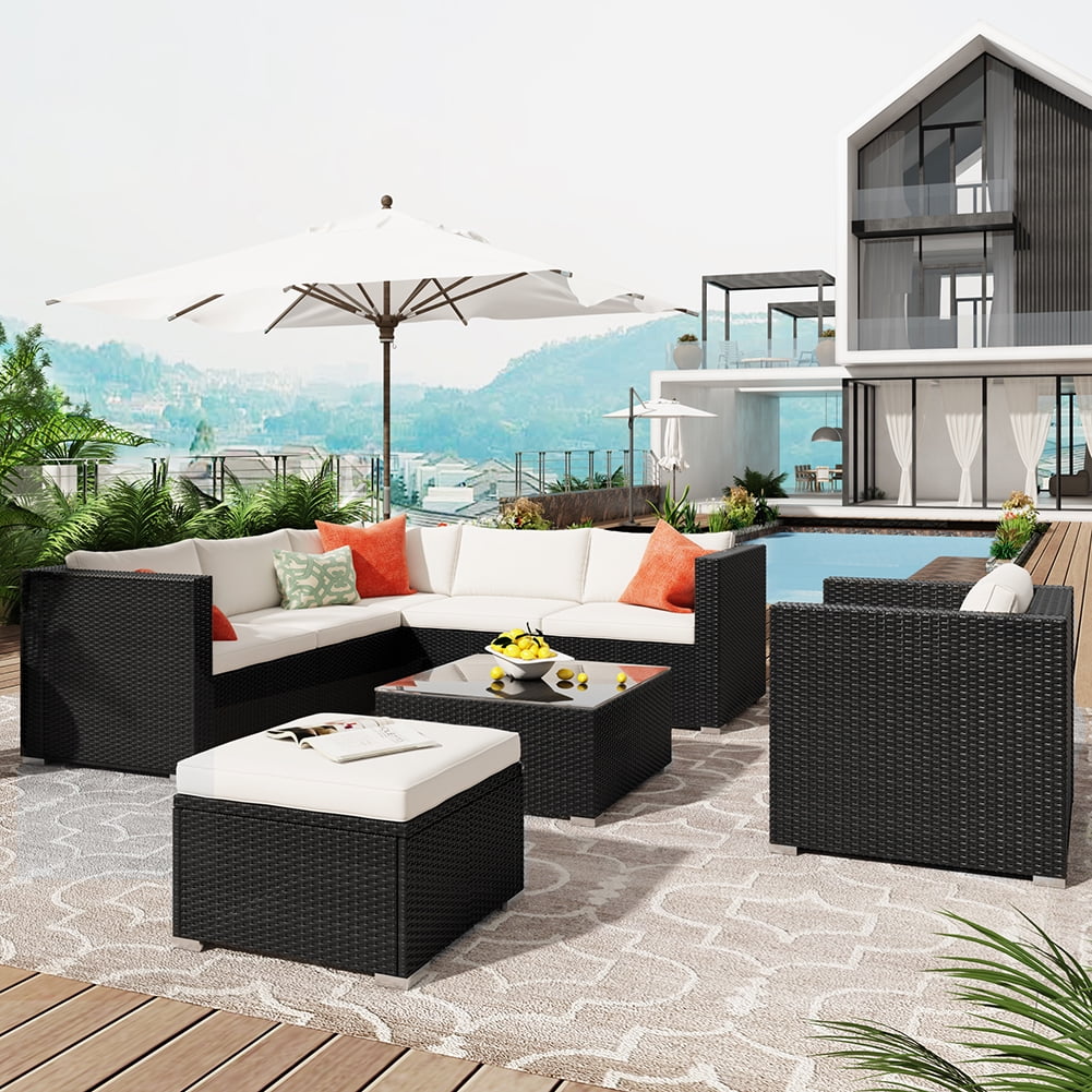 Lowestbest 8-Piece Patio Furniture Sets, Outdoor PE Rattan Sectional Sofa with Cushions, Ottoman and Coffee Table Lowestbest 8-Piece Patio Furniture Sets, Outdoor PE Rattan Sectional Sofa with Cushions, Ottoman and Coffee Table