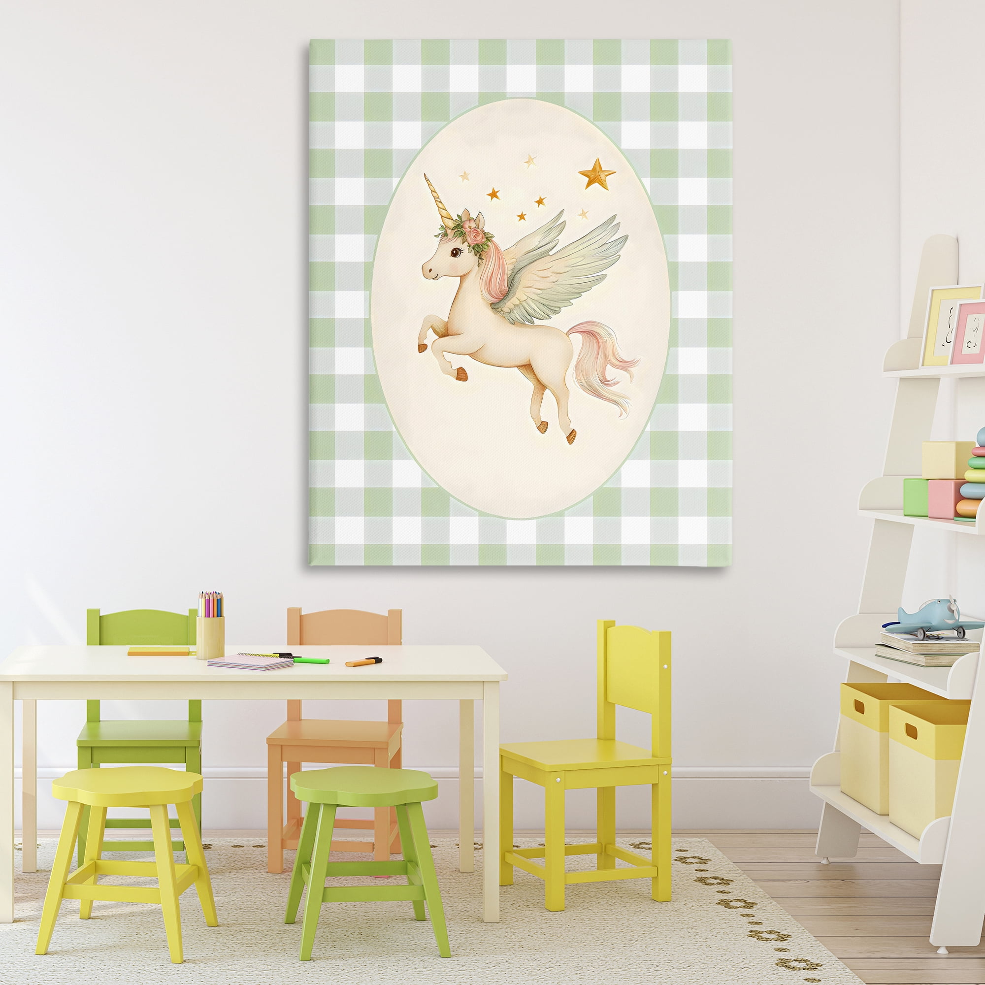 Stupell Industries Winged Unicorn over Green Gingham Canvas Wall Art, design by Arlington Prints
