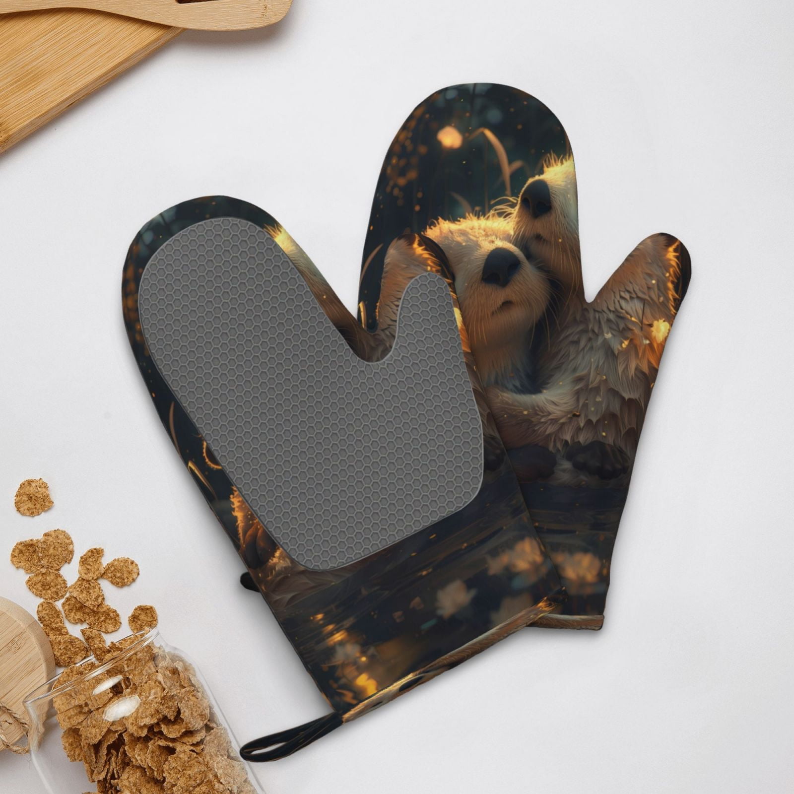 Hirioo Adorable Otter Pair Hug for Silicone Oven Mitts for BBQ, Baking, Cooking, Set of 2, Heat Resistant 260℃, Non-Slip Kitchen Essentials