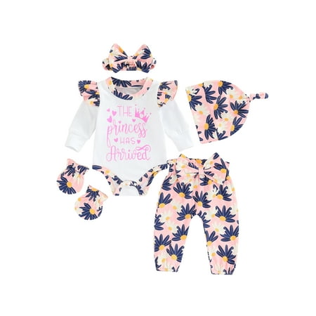 

Coming Home Outfit for Baby Girl Long Sleeve Romper Floral Pants Set with Hat Gloves Newborn Preemie Fall Clothes