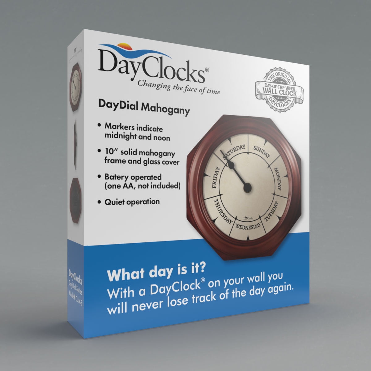 DayClocks Classic Day-of-the-Week Wall Clock with 10" Mahogany Wood Frame