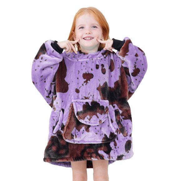 Kivee Cute Wearable Blanket Hoodie Kids Toddlers Purple Cow Print Sweatshirt Blanket With Giant Pocket Warm Cozy Cow Hooded Blanket 2-6 Year Old Girl Boy Birthday Cow Gifts