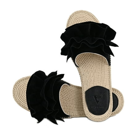 

V+BENIE Women s Indoor Outdoor Espadrille Sandal Ruffle House Slippers for Women Black