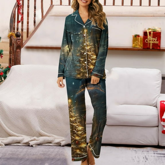 Mifsaly Womens Christmas Pajamas Sets Winter 2 Piece Pjs V-Neck Long Sleeve Lapel Pullover Sleepwear Xmas Tree Button Down Loose Nightwear High Waist Pants with Pockets 2025 Festival Homewear