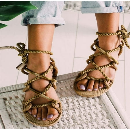 

Women Sandals Summer Shoes Woman Flat Sandals Hemp Rope Lace Up Gladiator Sandals (Color : White-Patch Five-Pointed star4 Size : 36 Code)