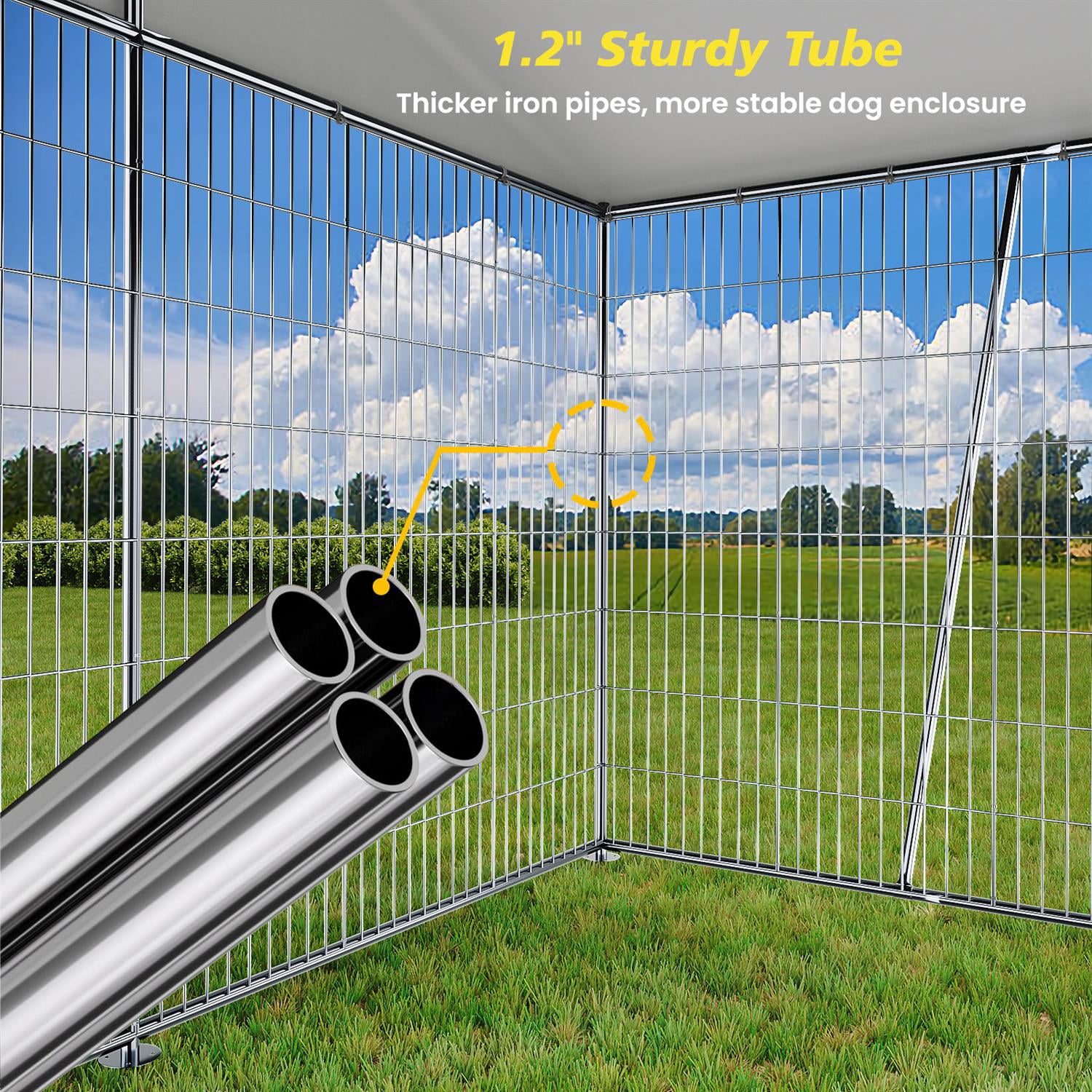 Pefilos Heavy-Duty 10x10 FT Outdoor Dog Kennel with Feeding Bowl, Waterproof Roof & Secure Lock, Steel Material, Silver - Perfect for Large Pets