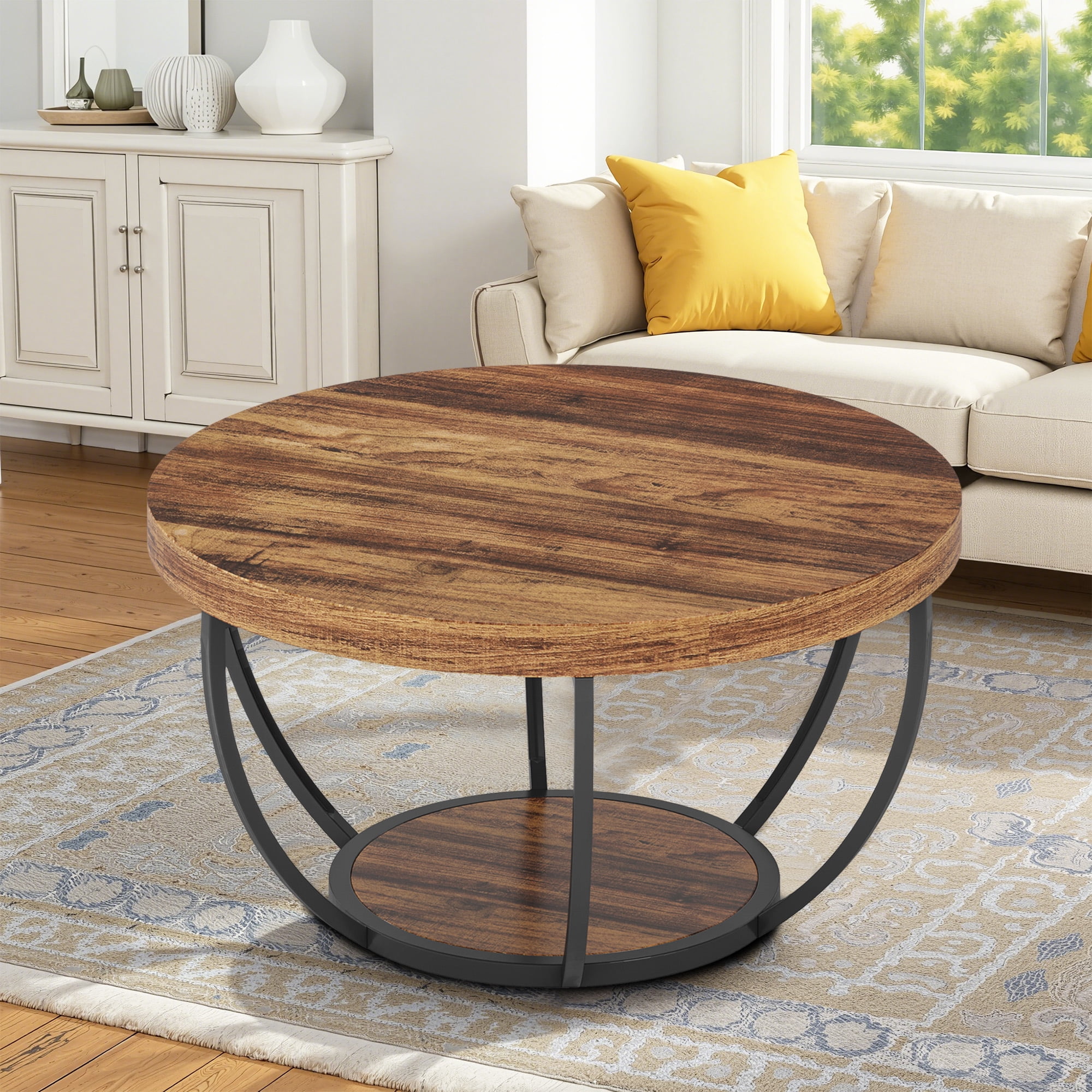 MAYEERTY 2 Tier Round Coffee Table Thickened Engineered Wood Sturdy Metal Base