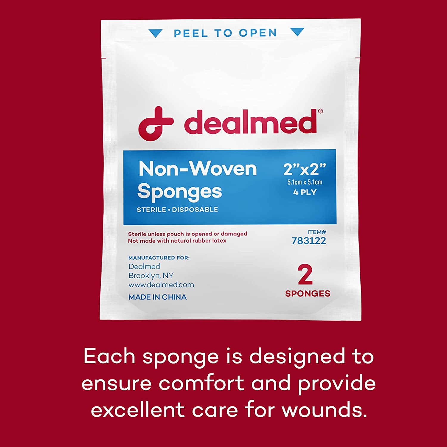 Dealmed 2" x 2" Premium Non-Woven Sponges, 4-Ply Absorbent Gauze Pads for First Aid Kits and Medical Facilities, Sterile 2's, 25 Pouches/Box (Case of 30)