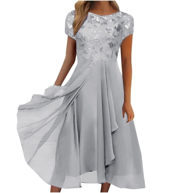 WTXUE Robe à Paillettes pour Femmes, Robe Longue Maxi à Encolure Ronde en Mousseline Patchwork à Imprimé à Paillettes pour Femmes, Robes Petites pour Femmes, Robe Blanche Femme, Blanc P