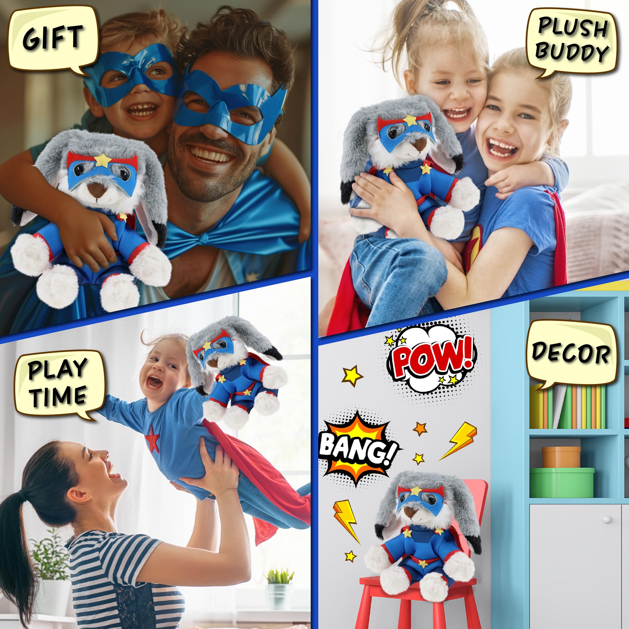 DolliBu Grey Rabbit Plush Stuffed Animal with Superhero Costume - Cute Farm Toy with Red Cape Blue Suit, Eye Mask - Super Hero Adventure Plush for Kids - 7 Inches