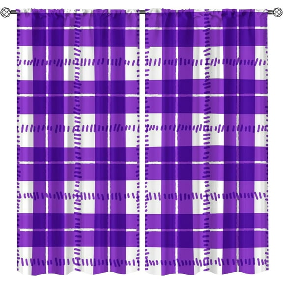 Watercolor Purple White Check Rod Pocket Curtain 2 Panels, Geometric Patches Graffiti Blackout Curtains for Living Room Bedroom, Machine Washable Window Treatments for Dining Kitchen-W42xL63in