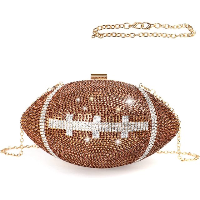 Football Bling Purse Rhinestone Clutch Purses for Women Crystal Ball Purse Rugby Ball Shaped Bag with Shoulder Chain