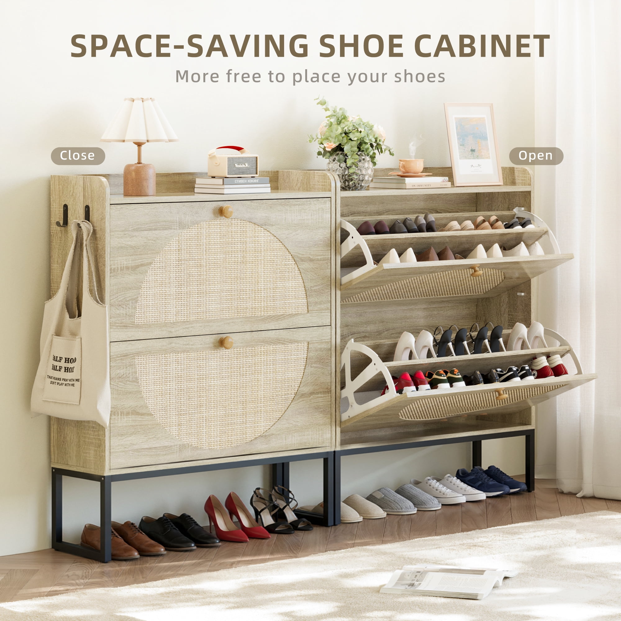 Furnibear Shoe Cabinet with Rattan Doors for Entryway Shoe Storage, Natural Wood