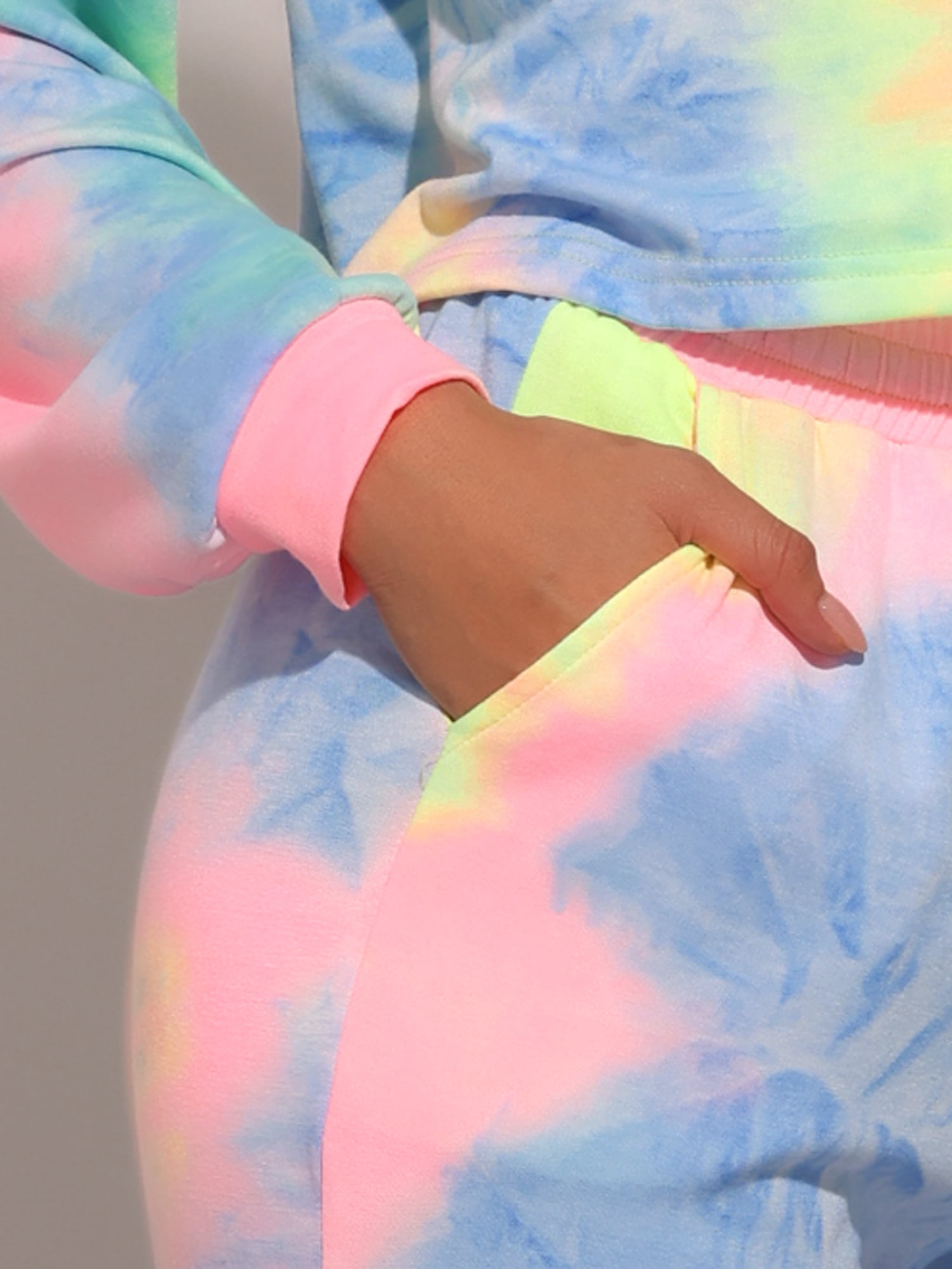 DARING DIVA Women's 2 Piece Tie Dye Hoodie Drawstring Sports Outfit L Yellow Blue