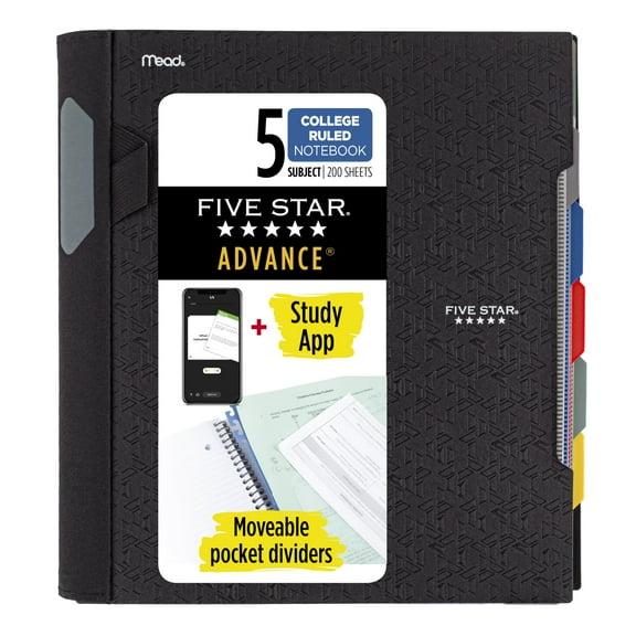 Five Star Advance Spiral Notebook   Study App, 5 Subject, College Ruled Paper, 8-1/2" x 11", 200 Sheets, Spiral Guard, Movable Tabbed Dividers, Black (73144)