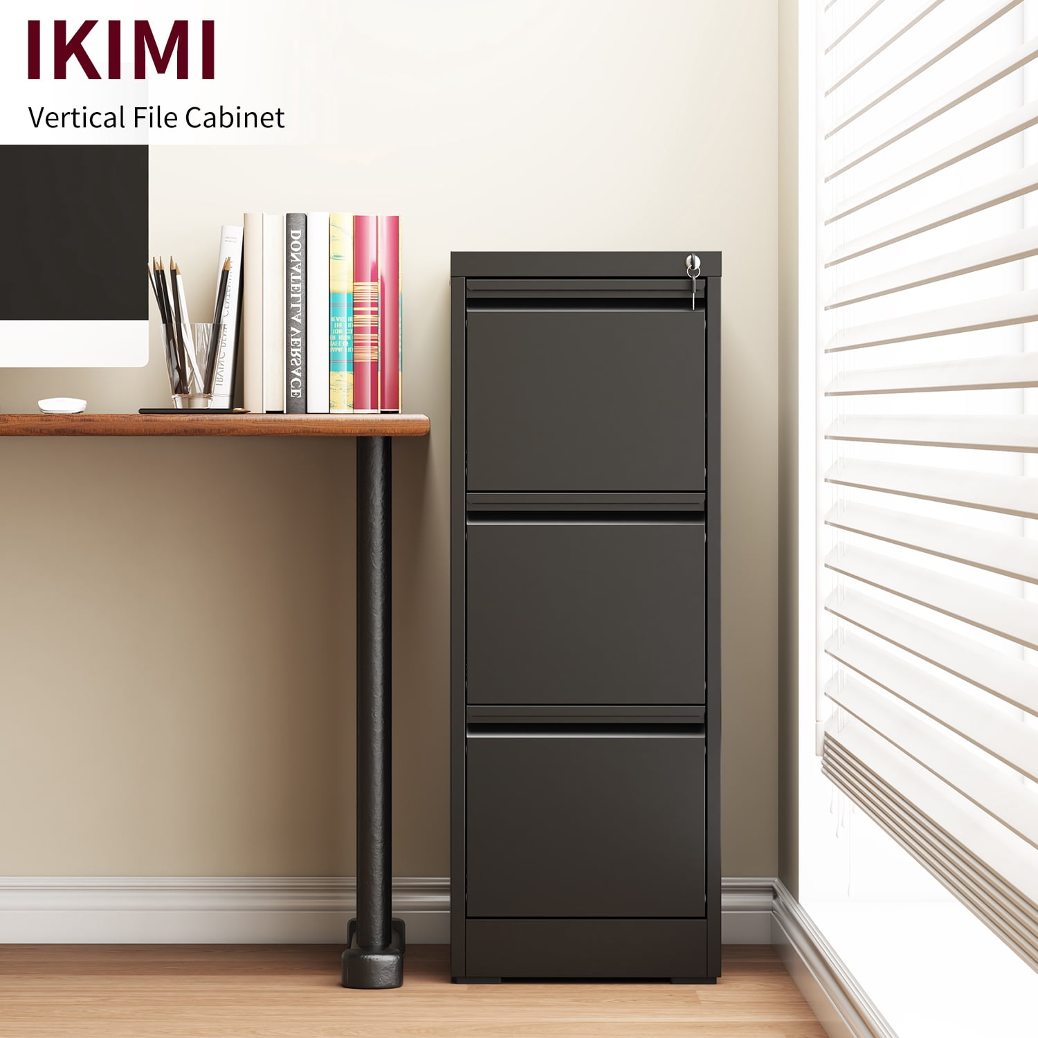 IKIMI 3-Drawer Metal Vertical Filing Cabinet with Lock for A4/Letter/Legal Size Files, Black