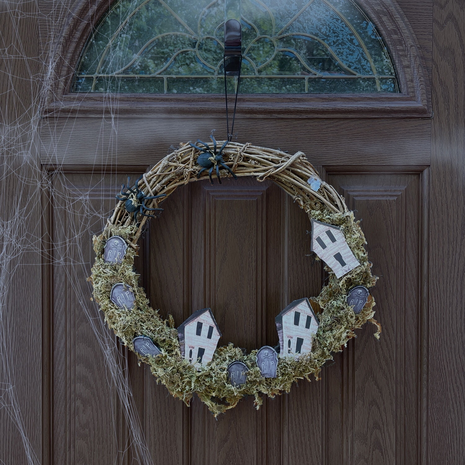 Haunted Hill Farm 15 in Natural Wreath with Tombstones and Houses, HHWRTHTOMB-0BR