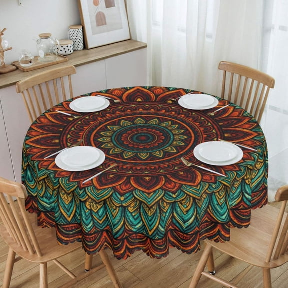 Teal Rust Orange Layered Floral Mandala Round Tablecloth Waterproof Oil Proof Spill Proof Table Cloth 70" for Camping, Dining, Indoor and Outdoor Table Cover