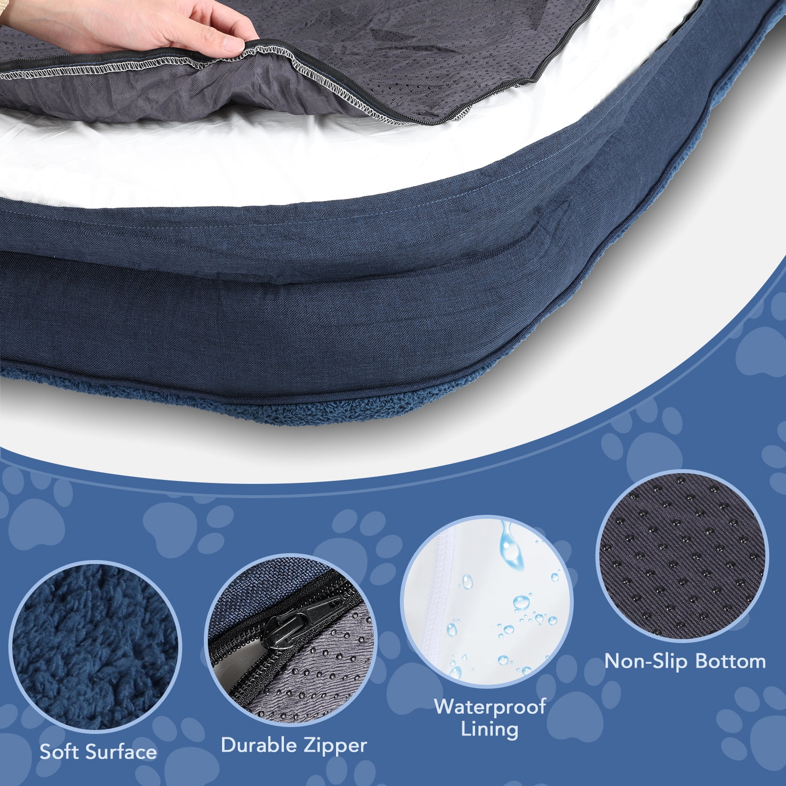 PureWags Orthopedic Dog Beds, L Shaped Waterproof Large Dog Bed with Removable Cover and Nonskid Base, Soft Pet Couch Bed-Navy Blue, M