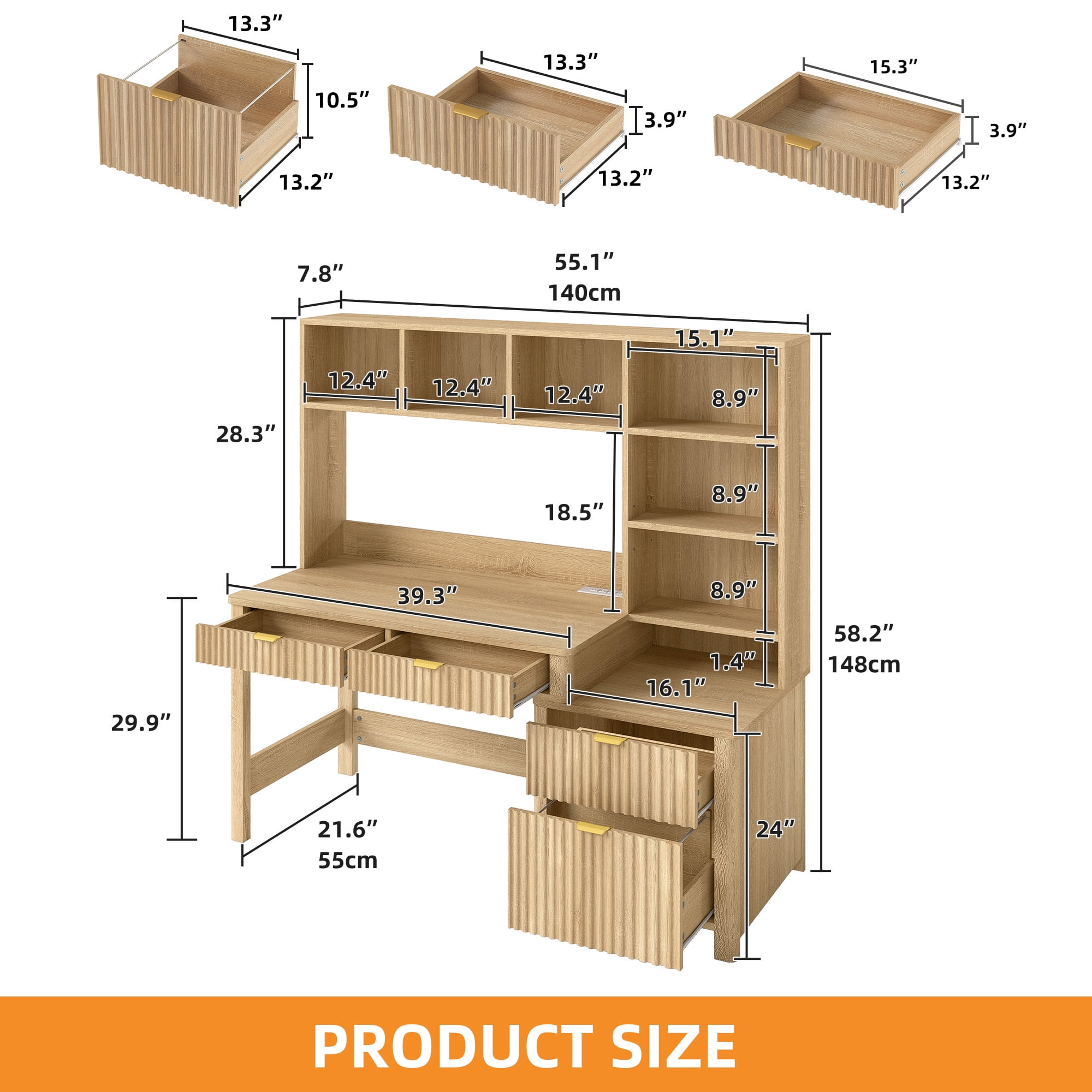 Craftian 55" Computer Desk with LED Light & Hutch,  Home Office Desk Executive Desk with Drawers, Oak